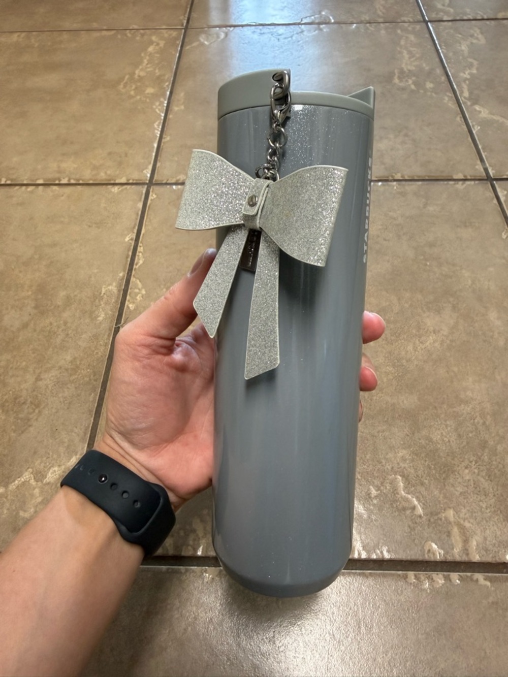 Starbucks Gray Silver Glitter Stainless Tumbler Bow Charm Holiday 2023 16 oz